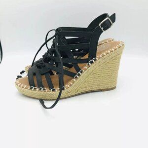 SO Shoes Womens Size 6.5 Black Espadrille Wedge Sandals Open Toe Shoe Strappy